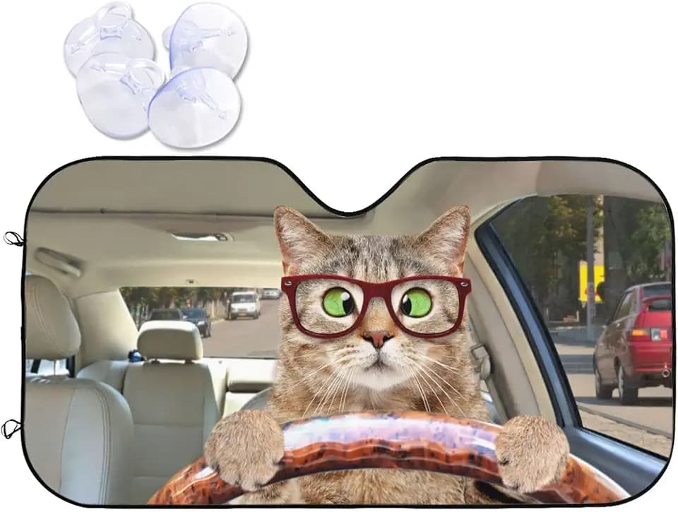 Fun Cute Cat Driving Car Front Windshield Sun Shade,Auto Sunshade for Car Truck SUV - Blocks Uv Rays Sun Visor Protector (51" X 27.5"Inch,Upgrade Hardened)