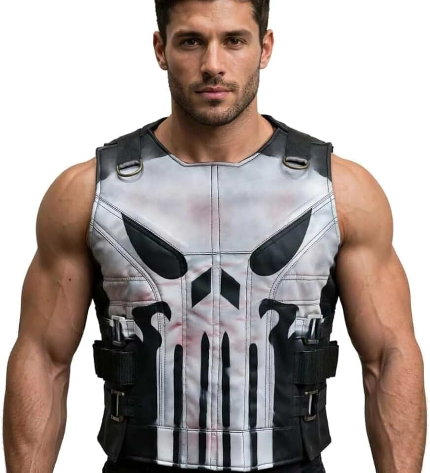 Men's Frank Castle Skull Season 2_3 Motorcycle Black Real Leather Vest Halloween Cosplay Costume-Gift For Him