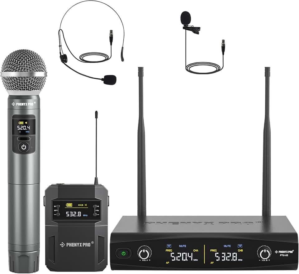 Phenyx Pro Dual UHF Tunable Freq Wireless Microphone System PTU-52-1H1B