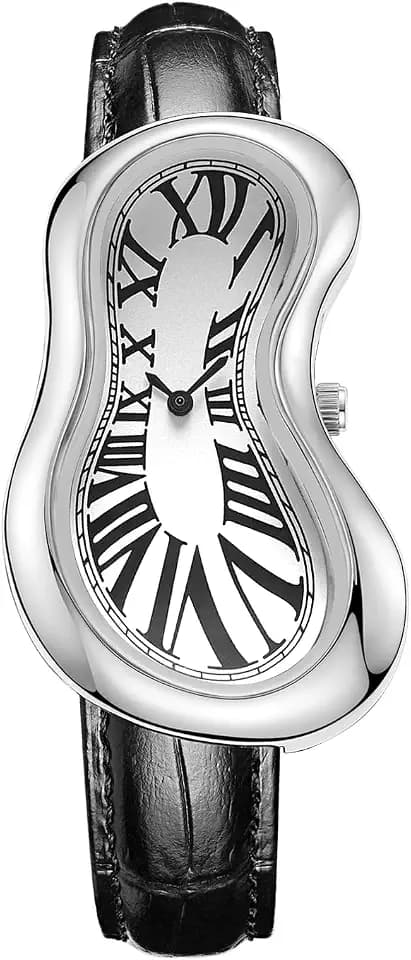 PINTIME Melting Art Stainless Steel Wristwatch – Surreal Watch for Men with Roman Numerals Unique Distorted Dial Design, Business Casual Dress Watch