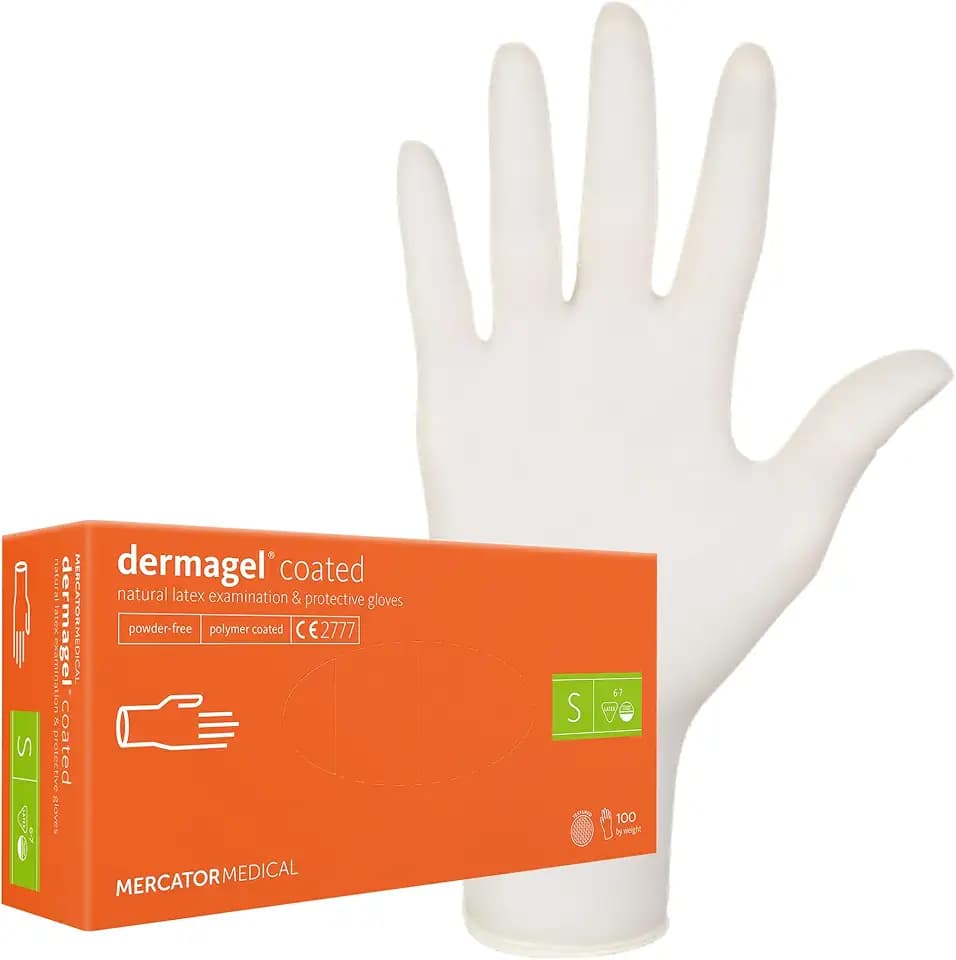 MERCATOR MEDICAL DERMAGEL COATED Latexhandschuhe, Größe S - 100 Stück, Einweghandschuhe, puderfrei, Schutzhandschuhe, transparent, puderfrei
