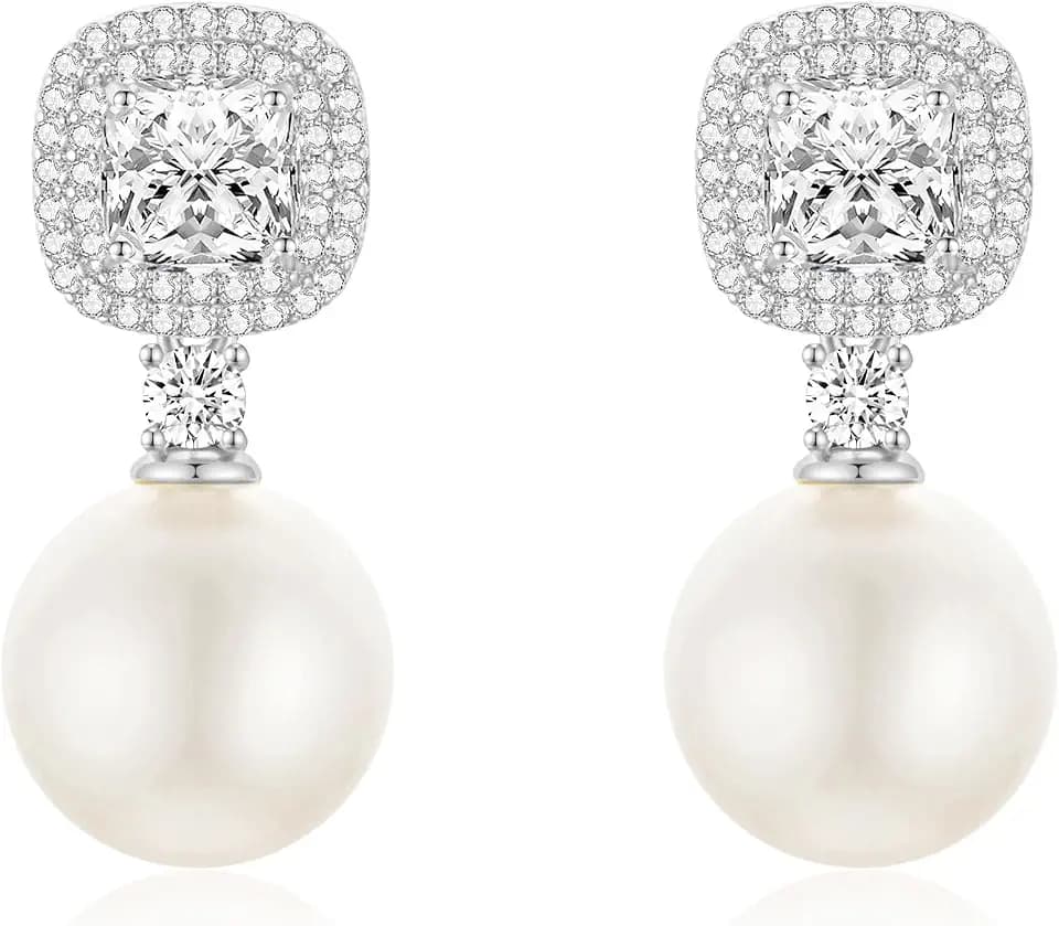 Square Halo CZ Pearl Drop Stud Earrings, 925 Sterling Silver Post