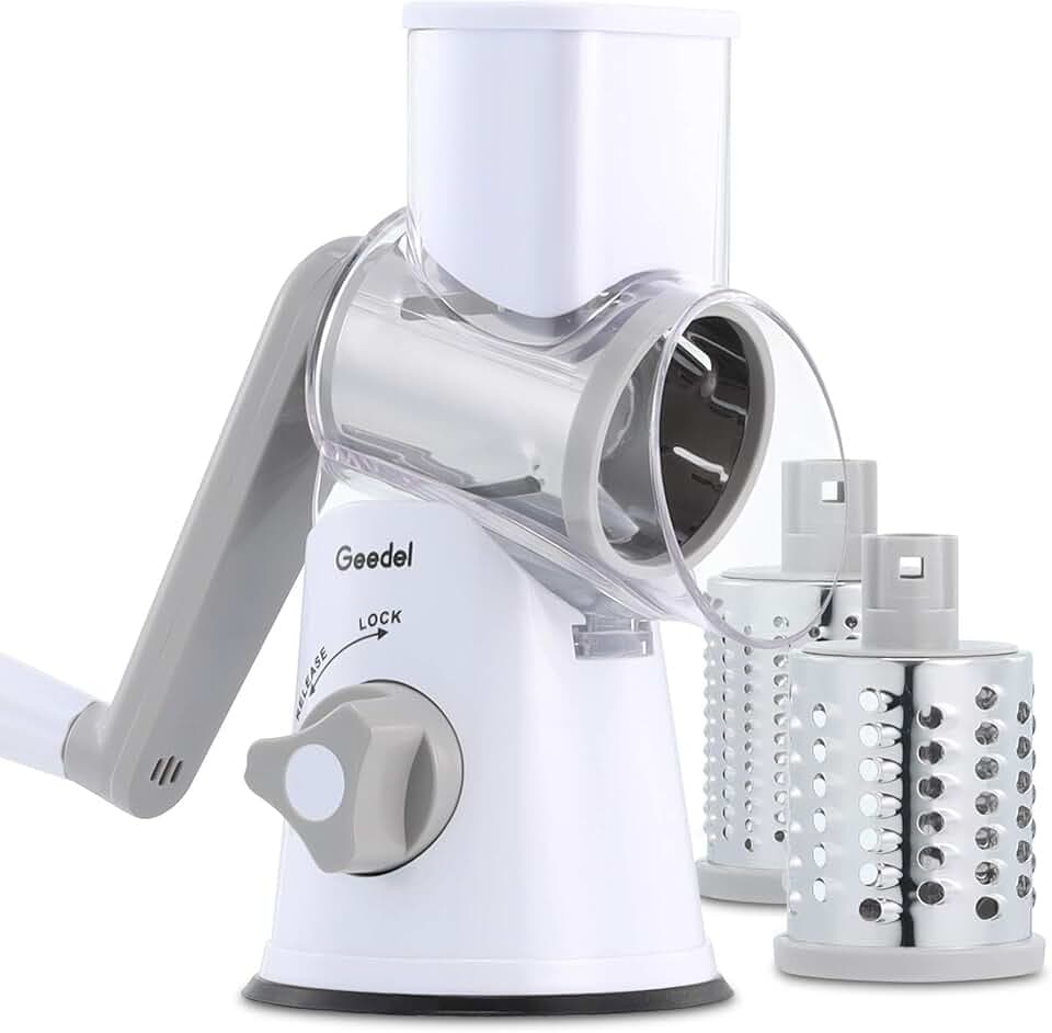 Geedel Käsereibe, Reibe für Gemüse, Gemüseschneider Trommelreibe mit kurbel | 3 Edelstahlklingen, 12x Schneller Schneiden, Starker Saugfuß, Spülmaschinenfest, Ergonomisches, No BPA, für Käse Gemüse Nüsse