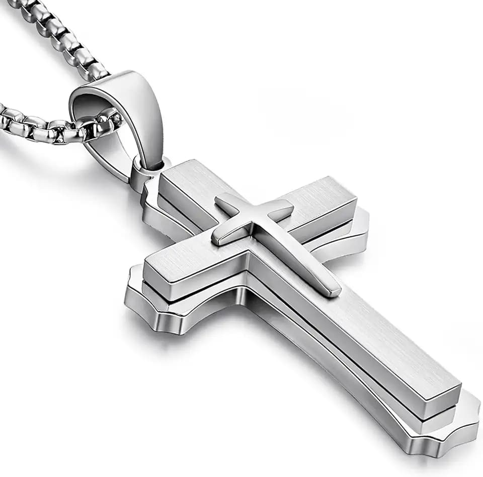 Men's Cross Necklace 316L Stainless Steel Large Heavy Cross Pendant for Men Polished Jewelry Rolo Chain with 22'' 24'' 26''
