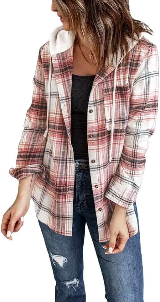 LACOZY Womens Flannel Checked Shirts Hoodies Long Sleeve Oversized Buffalo Plaid Sweatshirt Button Down Jacket Sweater