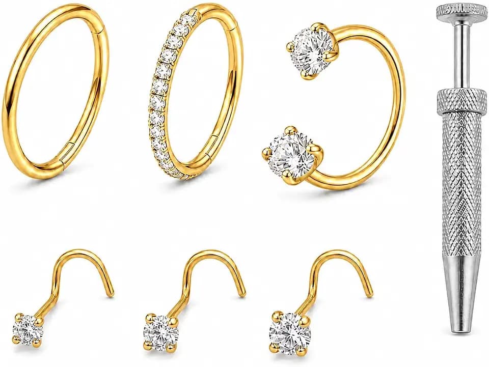 Double Gem Stainless Steel Horseshoe Nose Ring 18G 20G 8mm with Piercing