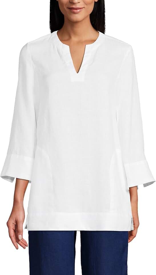 Lands' End Womens Linen Split Neck 3Q Tunic White Regular Small