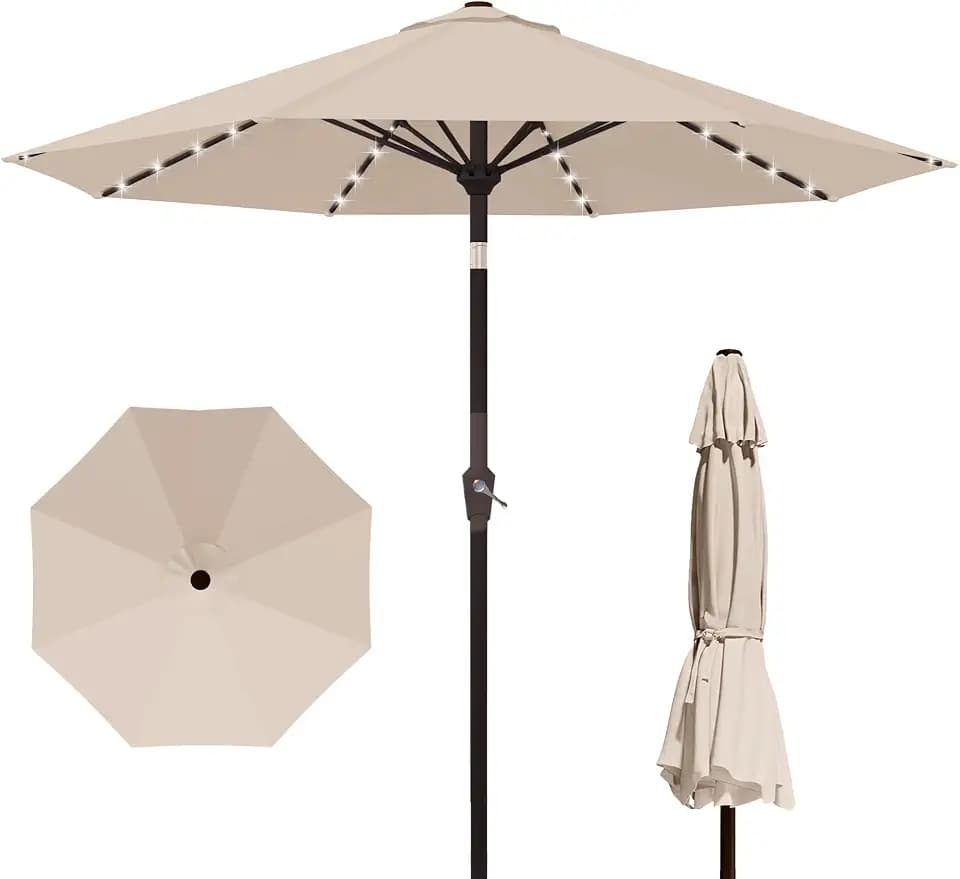 Kingdura 10FT Outdoor Patio Umbrella with Solar Lights, Market Table Umbrella with Push Button Tilt & Crank, 8 Sturdy Ribs, 32 LED Lights, UV Protection for Garden Lawn Deck Backyard Pool (Beige)