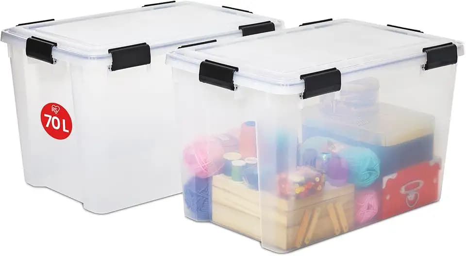 Iris Ohyama Luftdichte Kunststoff-Aufbewahrungsboxen mit Deckel, 70L, 2er-Set, Transparent, Hermetischer wasserdichter Verschluss, Robuste Schnappverschlüsse, Stapelbar, Staubschutz, BPA-frei, AT-LD