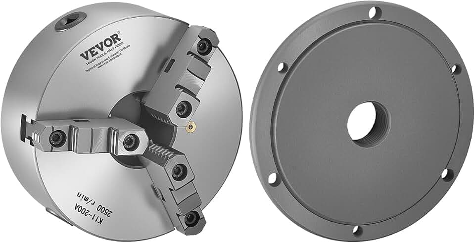 VEVOR 3-Jaw Lathe Chuck, 8 Inch (200 mm), Self-Centering Chuck with 2 1/4 in-8 Threaded Backing Plate, 0.16-7.87 in (4-200 mm) Clamping Range with T-wrench Screws, HT300 Material, for Wood Metal Lathe