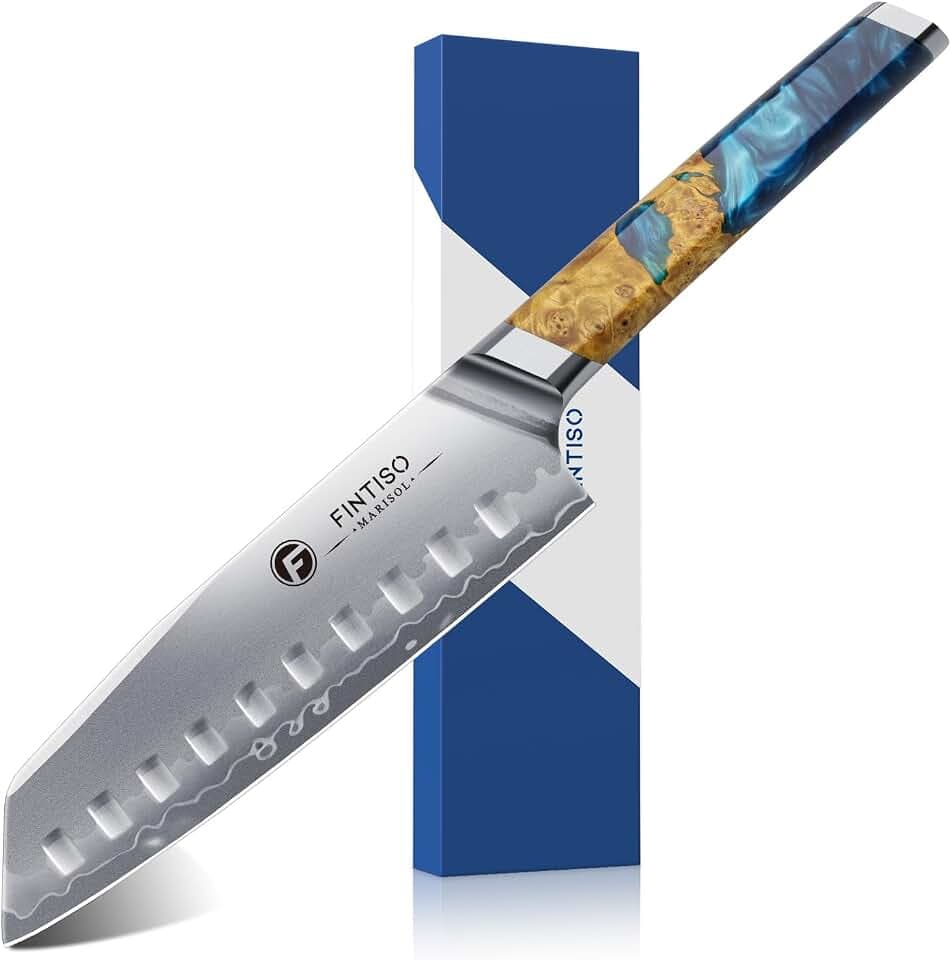 FINTISO Santoku Messer 18CM, Japanisches Küchenmesser Aus S35VN Pulverstahl Mit 7-Lagigem Verbundstahl, Scharfes Kochmesser Mit Harz-Holzgriff – Geschenkidee