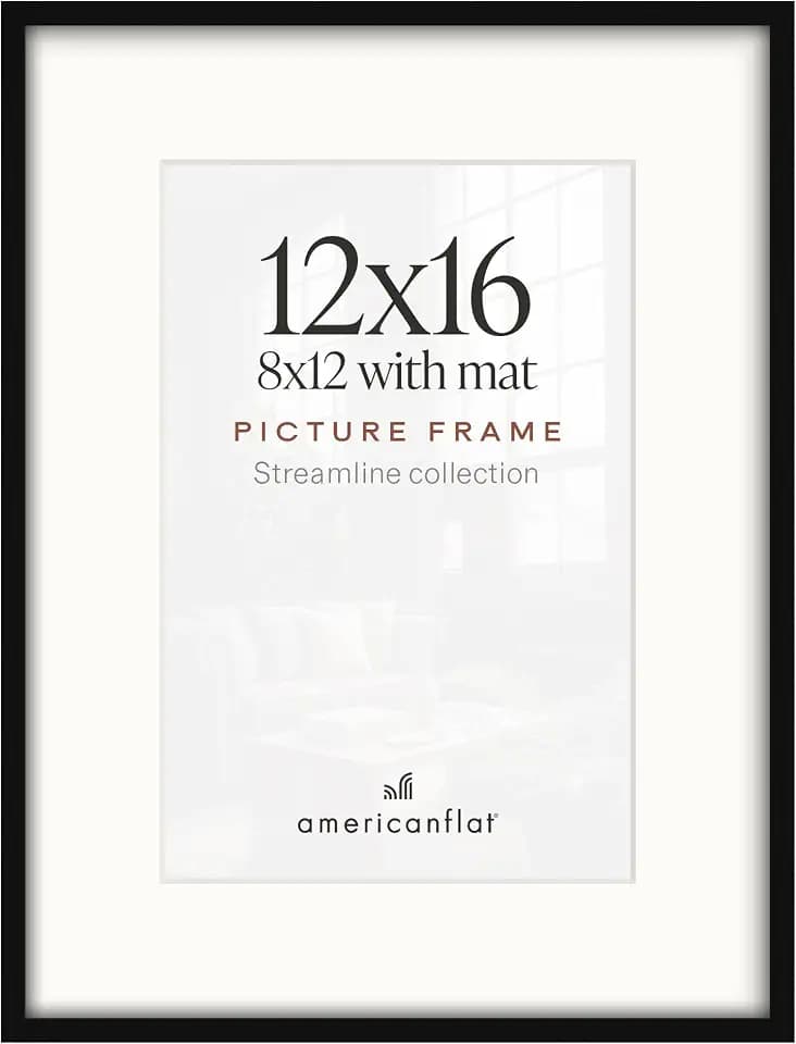 Americanflat 12x16 Picture Frame - Matted to 8x12 - Slim Molding - Black