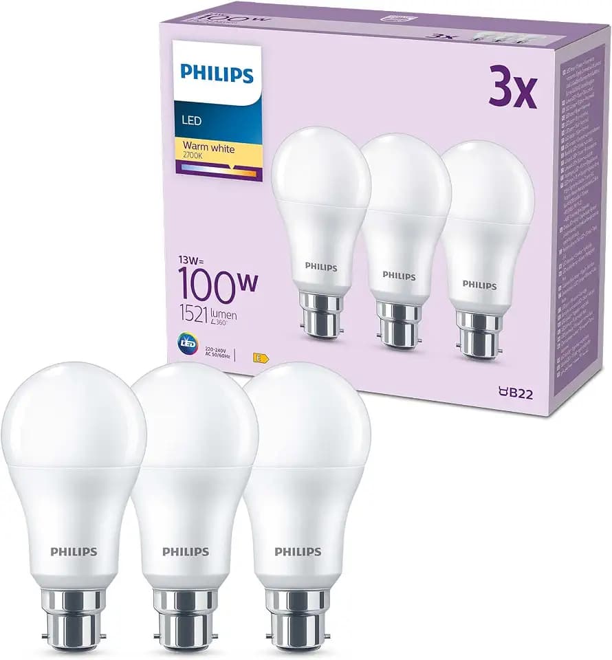 Philips LED A60-Glühbirne, matt, 3 Stück, warmweiß, 2700 K – B22 Bajonettsockel, 100 W, nicht dimmbar, für Heim- und Innenbeleuchtung