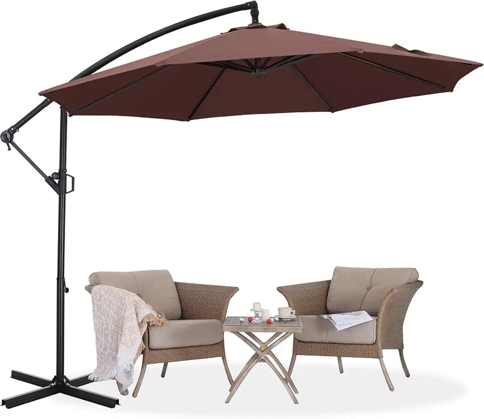 ABCCANOPY 9FT Cantilever Patio Umbrella with base included, 360° Rotation Outdoor Offset Umbrella for Backyard, Deck, Poolside (Brown)