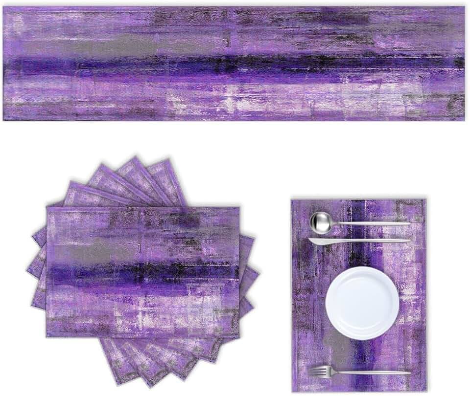 LOKMU Purple and Grey Table Runner and Placemats Set of 6, Abstract Paint Art Home Table Decor for Dining Farmhouse Wedding Party Holiday Dinner, 72x13 inches Table Runner and 6 Placemats
