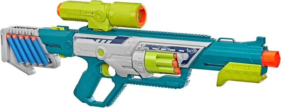 Nerf Rebel Ops Deadeye Blaster, 24 Nerf Elite Foam Darts, Shieldstock & Scope-Barrel Attachments, Kids Gift Toys, Ages 8+