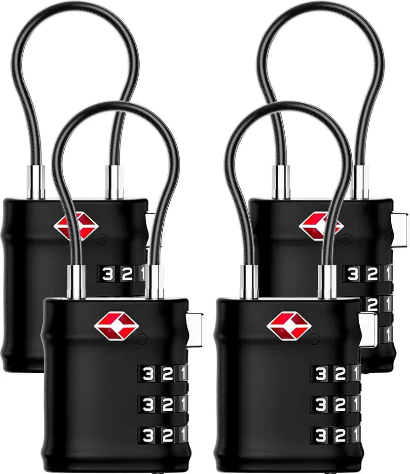 LUGGEX Zahlenschloss, TSA Kofferschloss mit flexiblem Stahlseil, Vorhängeschloss mit Zahlencode für Gepäck, Koffer, Rucksack und Spind, 4er-Pack in Geschenkbox, Schwarz-Silber, LLX-Lite