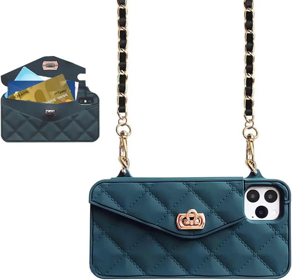 UnnFiko Wallet Phone Case Compatible with iPhone 16 Pro, Cute Luxury Bag Design, Purse Flip Card Pouch Cover Soft Silicone Case with Handstrap Long Shoulder Strap (Dark Green, iPhone 16 Pro)