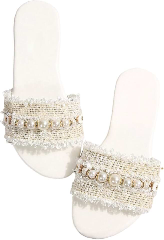 BEAUDRM Women's Pearls Sandals Dressy Flats Summer Casual Flat Sandals