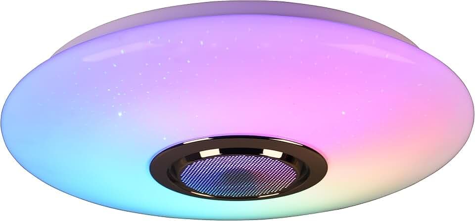 Reality Leuchten LED Deckenleuchte Musica R69031101, Kunststoff weiß, inkl. 15.5 Watt Rainbow LED, Bluetooth Lautsprecher, Fernbedienung, Dimmer, Farbwechsel