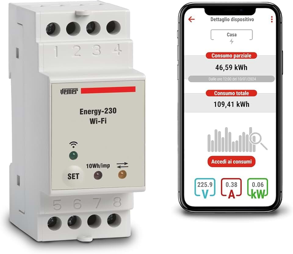 VEMER VE794600 ENERGY WIFI - Smart WLAN Stromzähler für Einphasige Systeme, WiFI Strommessgerät mit App, Montage DIN-Hutschiene, Weiß