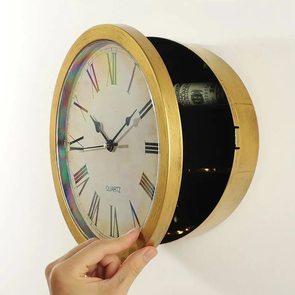 10 Inch Wall Clock with Hidden Safe, Battery Operated Quartz Plastic Vintage Decor Wall Clock Diversion Safe with Secret Storage for Kitchen Living Room Home Organization, Gold