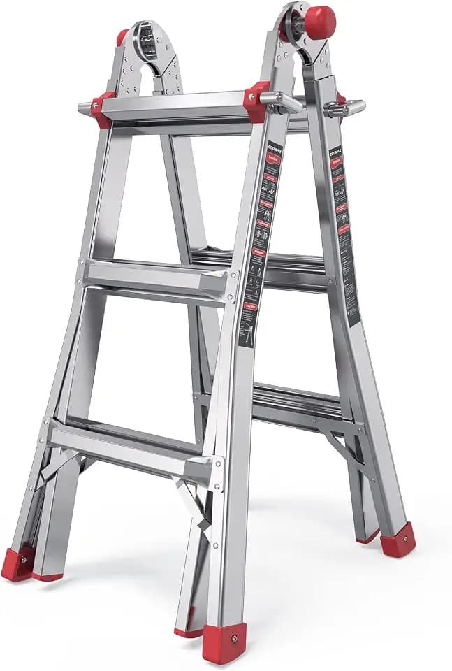ECOMAX Folding Ladder, 13 ft Aluminum Extension Ladder, 300 lbs Load Capacity, Portable Telescoping Ladder with Non-Slip Rubber, Multi-Position Step Ladders, for Working Indoor/Outdoor EM4X3L2