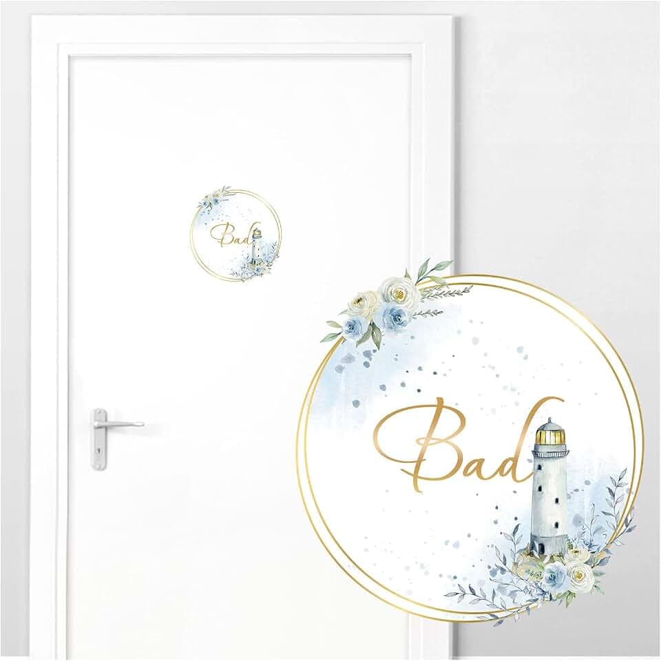Grandora Türaufkleber Bad mit Leuchtturm und Rosen I 19 x 20 cm (BxH) I Wandsticker selbstklebend WC Wandaufkleber Toilette Wandtattoo Badezimmer Aufkleber DL741