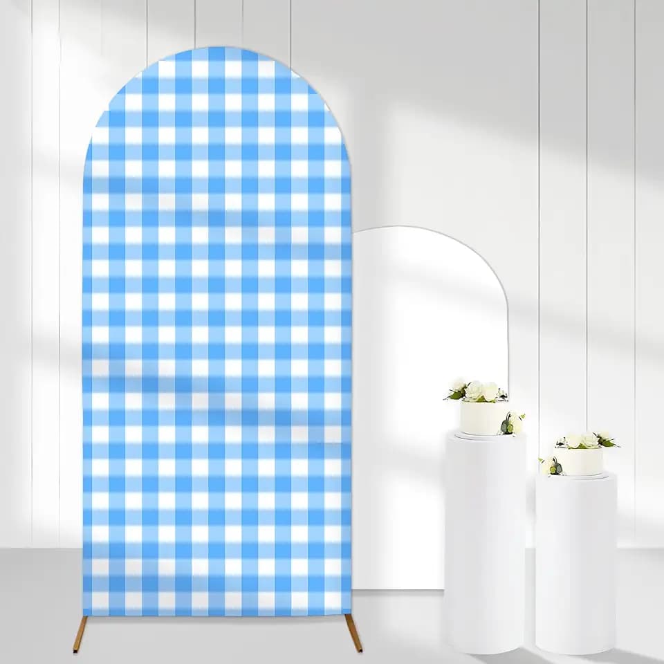 Blue White Gingham Arch Backdrop Covers, 6 Ft Blue Stretchy Arch Backdrop Stand Covers, Photography Background Blue White Plaid Arch Stand Covers for Wedding Birthday Baby Shower Party Decor