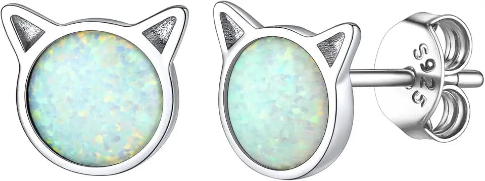 SILVERCUTE Damen Synthetischer Opal Kätzchen Ohrringe 925 Sterling Silber Oktober Geburtsstein Ohrstecker Piercing Ohrringe Accessoire Ohrschmuck