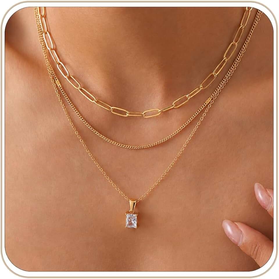 Layered Gold Necklaces for Women 18K Gold Plated Stainless Steel Dainty Zirconia Pendant Necklace Set Non Tarnish Trendy Jewelry