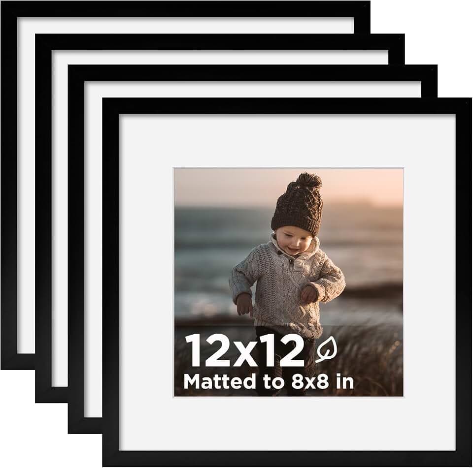 KINLINK 12x12 Frame Black Set of 4 Wooden Square Photo Frames Matted 8x8