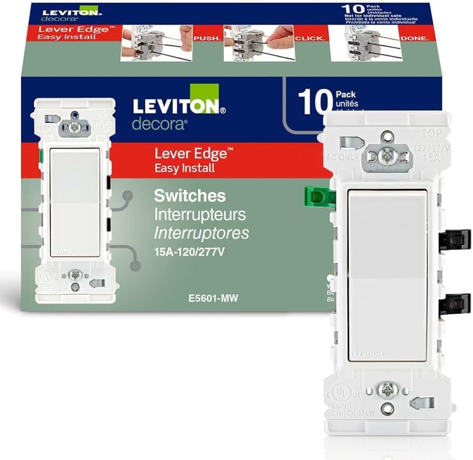 Leviton Lever Edge 15 Amp Single Pole Rocker Switch, 10-Pack, E5601-MW, White