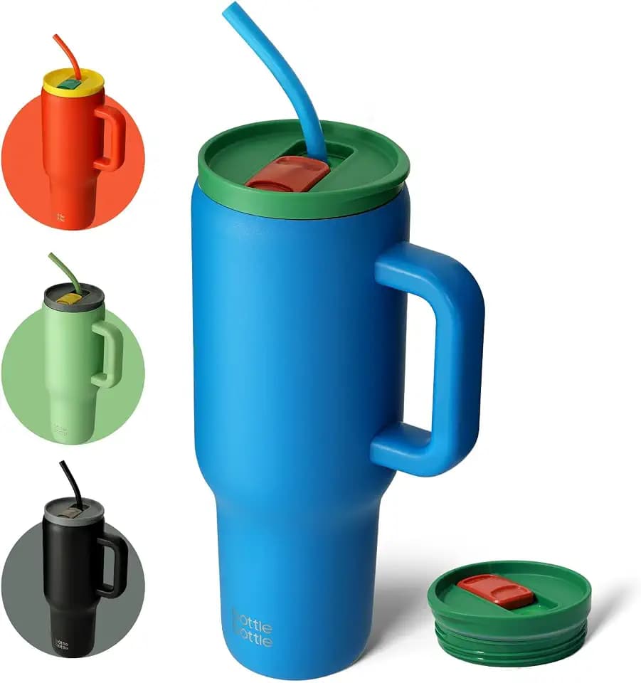 BOTTLE BOTTLE 40oz (1.2L) Kaffeebecher aus Edelstahl mit Griff & Strohhalm, BPA-frei, isolierter Thermobecher für Reise, Büro, Uni & Sport, Geschenkidee für Kaffee- und Teeliebhaber (Tiefsee)