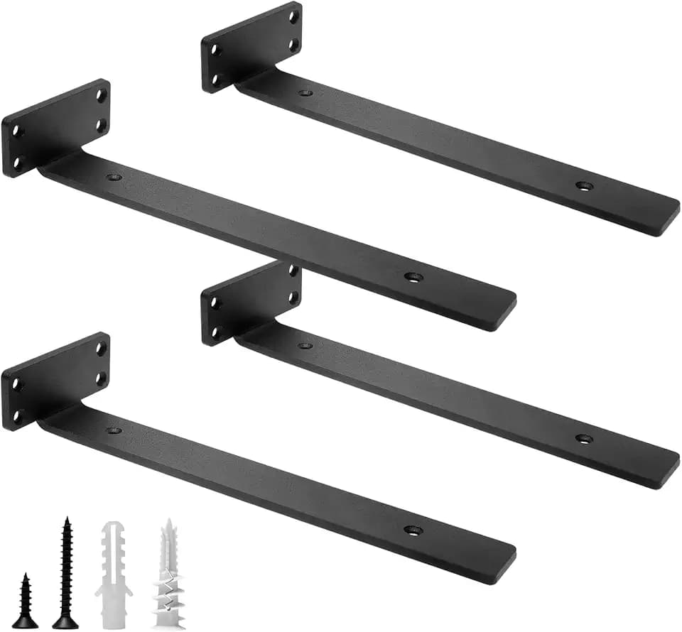 HITOMEN Heavy Duty Floating Shelf Brackets, 12-Inch (1/5'' Thick) Hidden Shelves Hardware, Iron L Brackets, Rustic Industrial Black Metal Wall Shelving Supports, 4 Pack