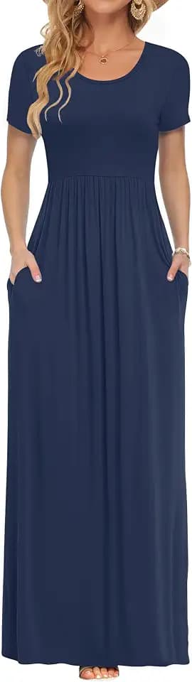 AUSELILY Women's Summer Short Sleeve Loose Plain Casual Long Maxi Dresses