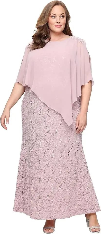 S.L. Fashions Womens Plus Size Long Length Sequin Lace Beaded Capelet Mother of The Bride Dress, Formal Evening Gown