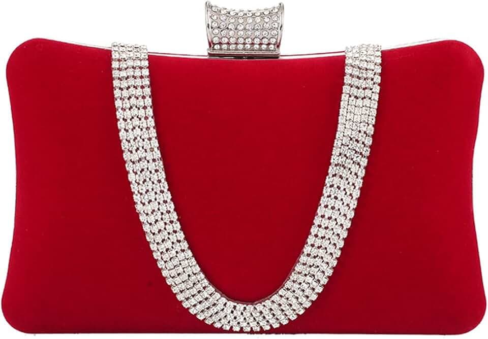CORIOS Damen Abendtasche Samt Clutch Bag Glitter Strass Handtasche Kette Tasche Shining Portemonnaie Elegante Umhängetasche Glänzend Schultertasche für Cocktail Party Abendparty Tanzparty Rot