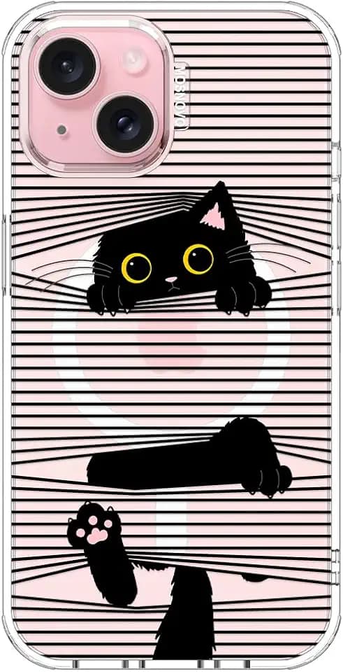 MOSNOVO Case for iPhone 15 Plus/iPhone 14 Plus, [Compatible with Magsafe] [Buffertech 6.6ft Military-Grade Drop Protection] [Anti Peel Off Tech] Clear Phone Case Design - Hidden Black Cat