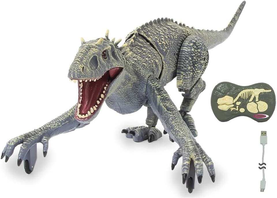 JAMARA Dinosaurier Exoraptor Li-Ion 3,7V 2,4GHz - Vorderfüße auf 2 Rollen, bewegliche Teile, realistisches Dinosauriergebrüll, ferngesteuert RC