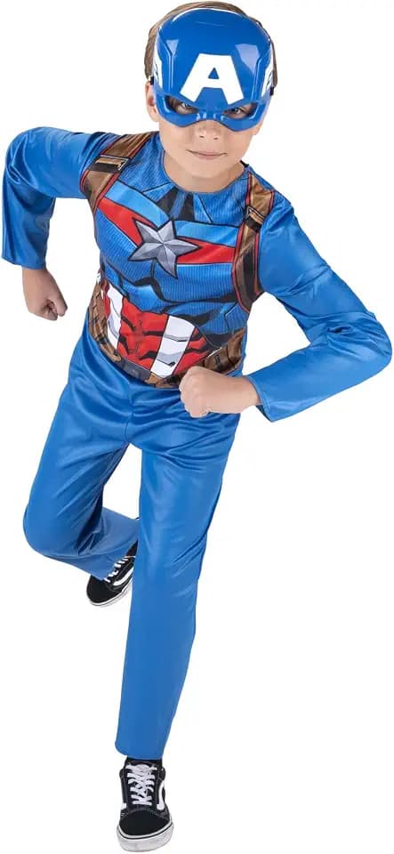 Marvel Captain America Official Youth Costume - Premium Fabric Jumpsuit with Printed Design and Plastic Half Mask