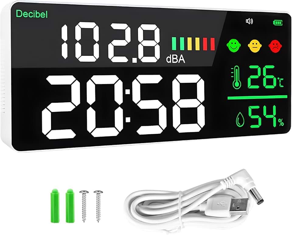 Dezibel Messgerät, 4-in-1 für Geräusch, Zeit, Temperatur und Feuchtigkeit