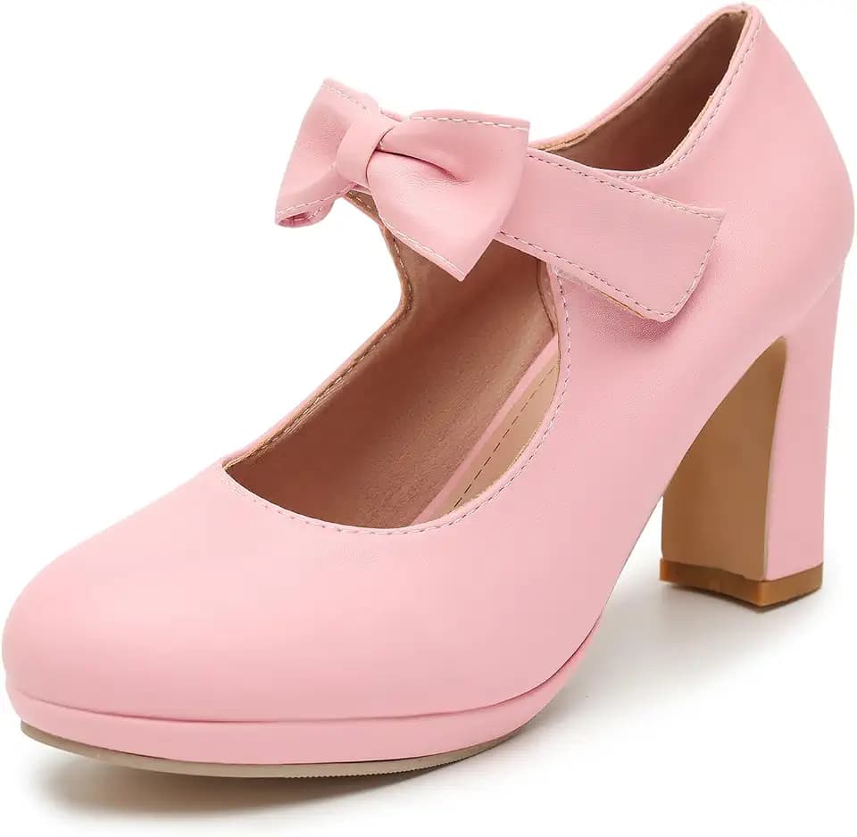 Women's Bow Mary Jane Heels Round Toe Block Heel Dress Pumps