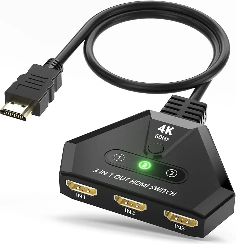 HDMI Switch 3 in 1 Out, 4K@60Hz HDMI Switcher with Gold Plated Ports, Plug & Play, Supports Full HD 1080P 3D Compatible with Roku TV Stick HDTV PS4/PS5 Xbox, Ideal for Gaming, Home Theater, Streaming