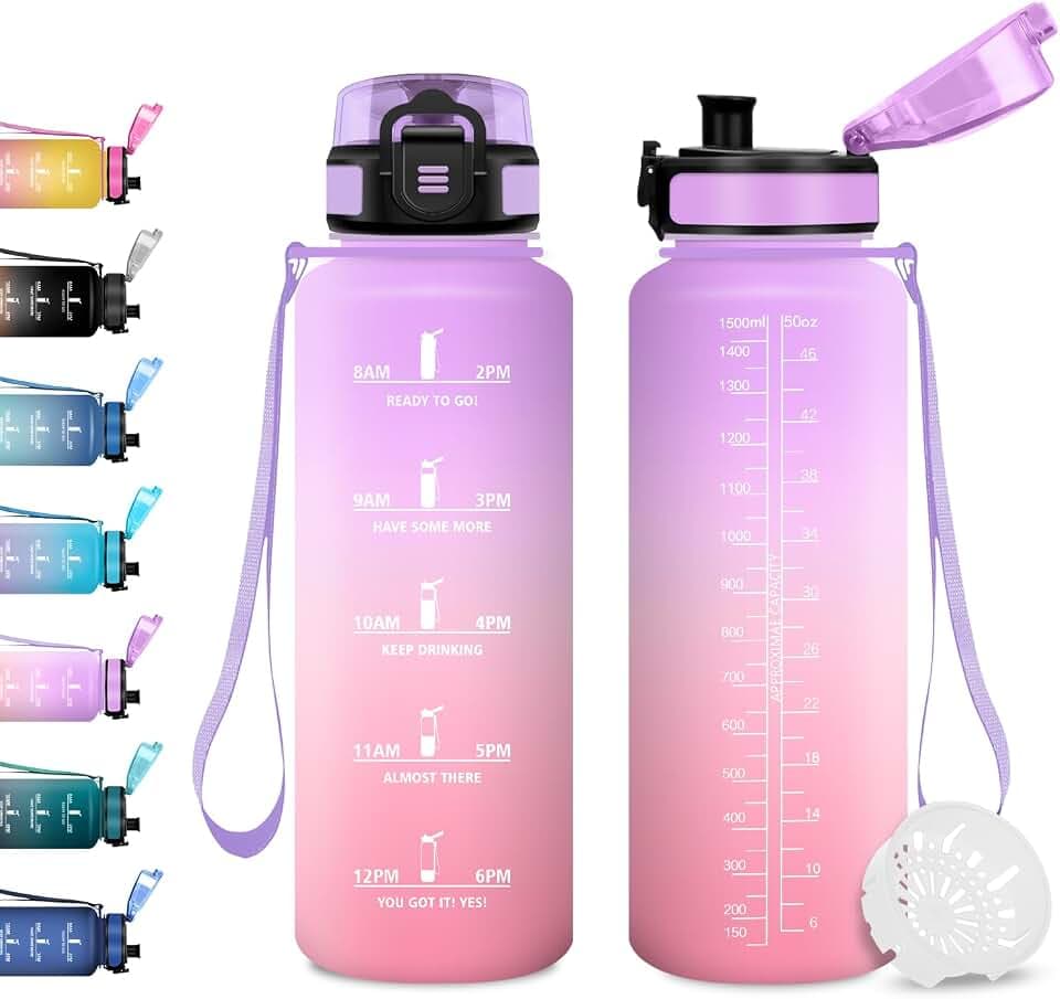 Trinkflasche 1.5L Auslaufsicher, Wasserflasche mit Filter und Zeitmarkierung, Kohlensäure Geeignet, für Schule, Radfahren