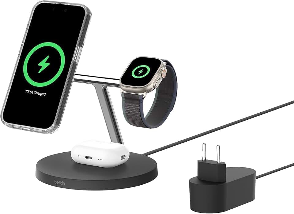 Belkin BoostCharge Pro 3-in-1 Qi2 Kabelloses Ladegerät, MagSafe-Kompatibles Ladegerät, Induktive Ladestation für die Apple iPhone 17, Air, 16, Pixelsnap, Apple Watch, AirPods, inkl. Netzteil – Schwarz