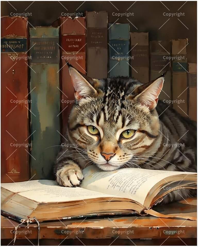 TAOPAOLAB Animal Art Paint by Numbers Kit for Adults - DIY Tabby Cat Reading a Book Painting on Canvas 16x20In, Framed Acrylic Paint Set, Suitable for Beginners, Art for Home Decoration or Gifts