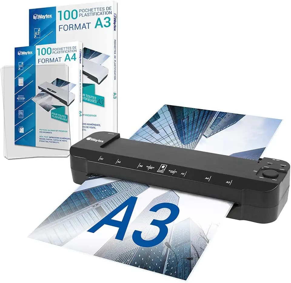 Laminiergerät A3 A4 A5 A6 A7 Pro Ultra schnell heiß und kalt bis 2 x 150 Mikron, einstellbare Temperatur, intensive professionelle Verwendung – Set mit 100 A4 Hüllen + 100 A3 Hüllen
