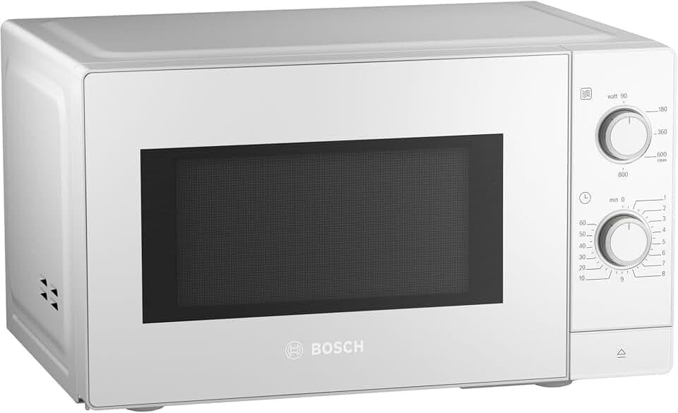 Bosch FFL020MW0 Serie 2 freistehende Mikrowelle, 26 x 44 cm, 800 W, Drehteller 27 cm, Türanschlag Links, AutoPilot 7 mit 7 Automatikprogramme, Reinigungsunterstützung, LED-Touchdisplay, Weiß