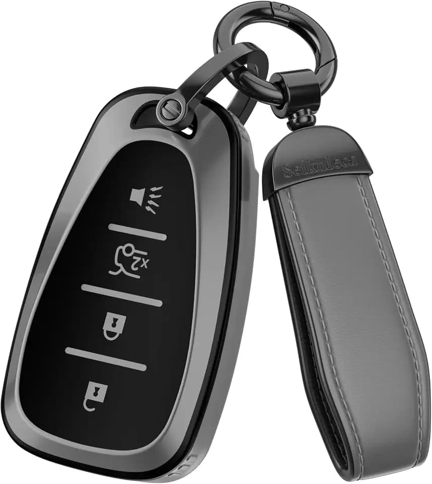 For Chevy Key Fob Cover Accessories- Matte TPU Key Fob Cover with Leather Keychain for Equinox Malibu Camaro Cruze Blazer Traverse Trax and More. (Matte Gray, 4-Buttons)